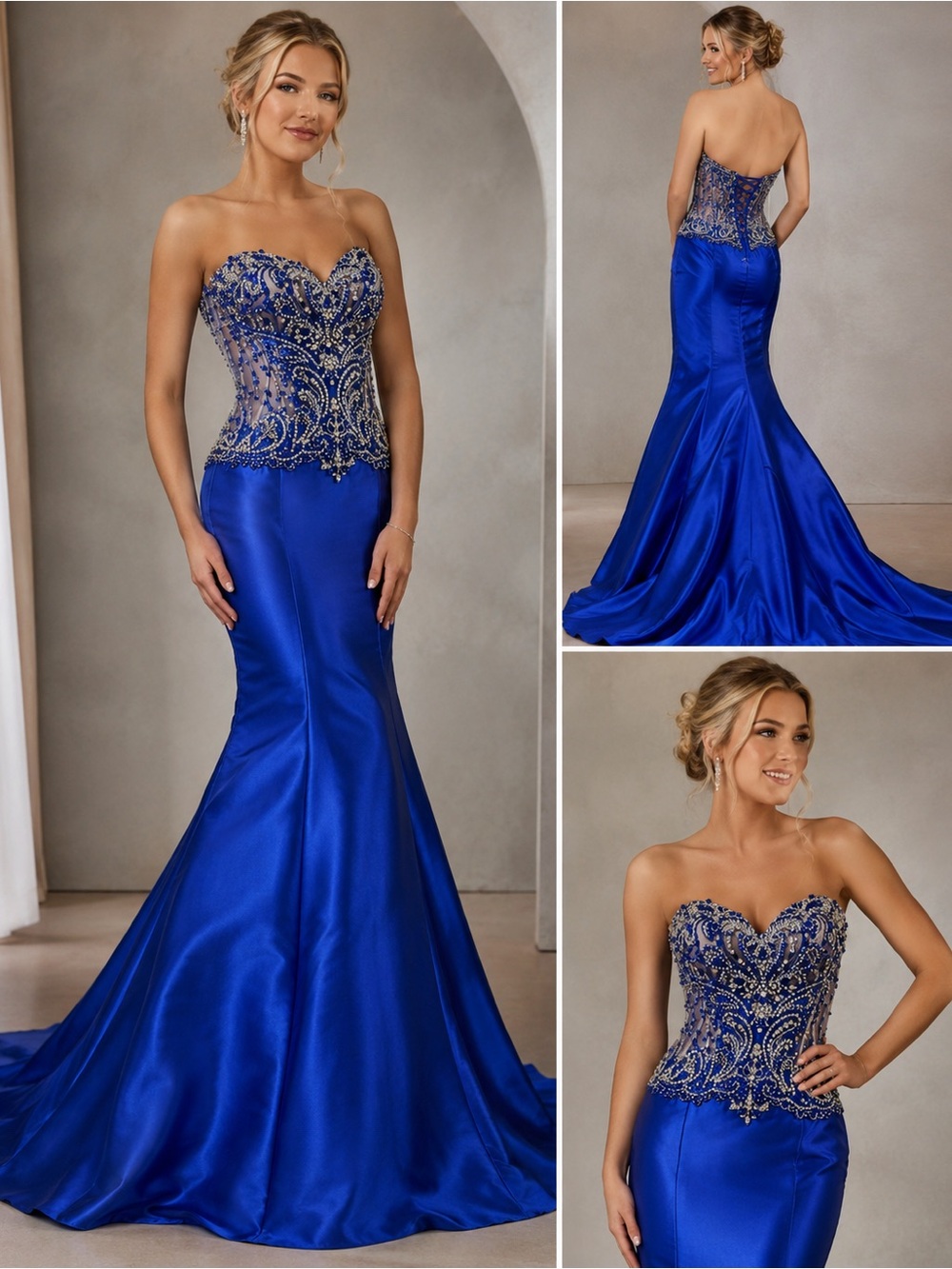 Mori Lee Cobalt Blue Beaded Evening Gown